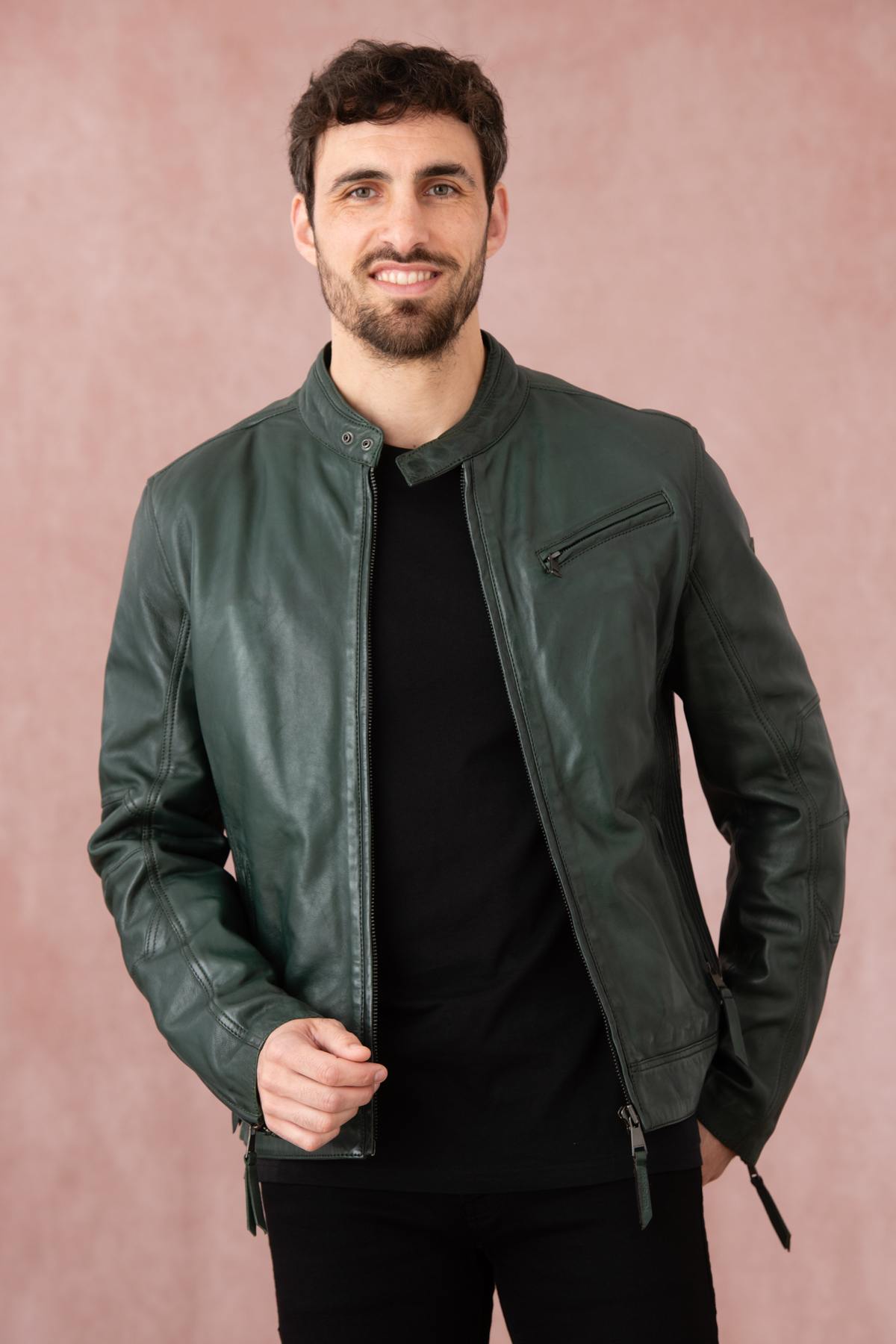 Forest green leather jacket with biker collar - Image n°1