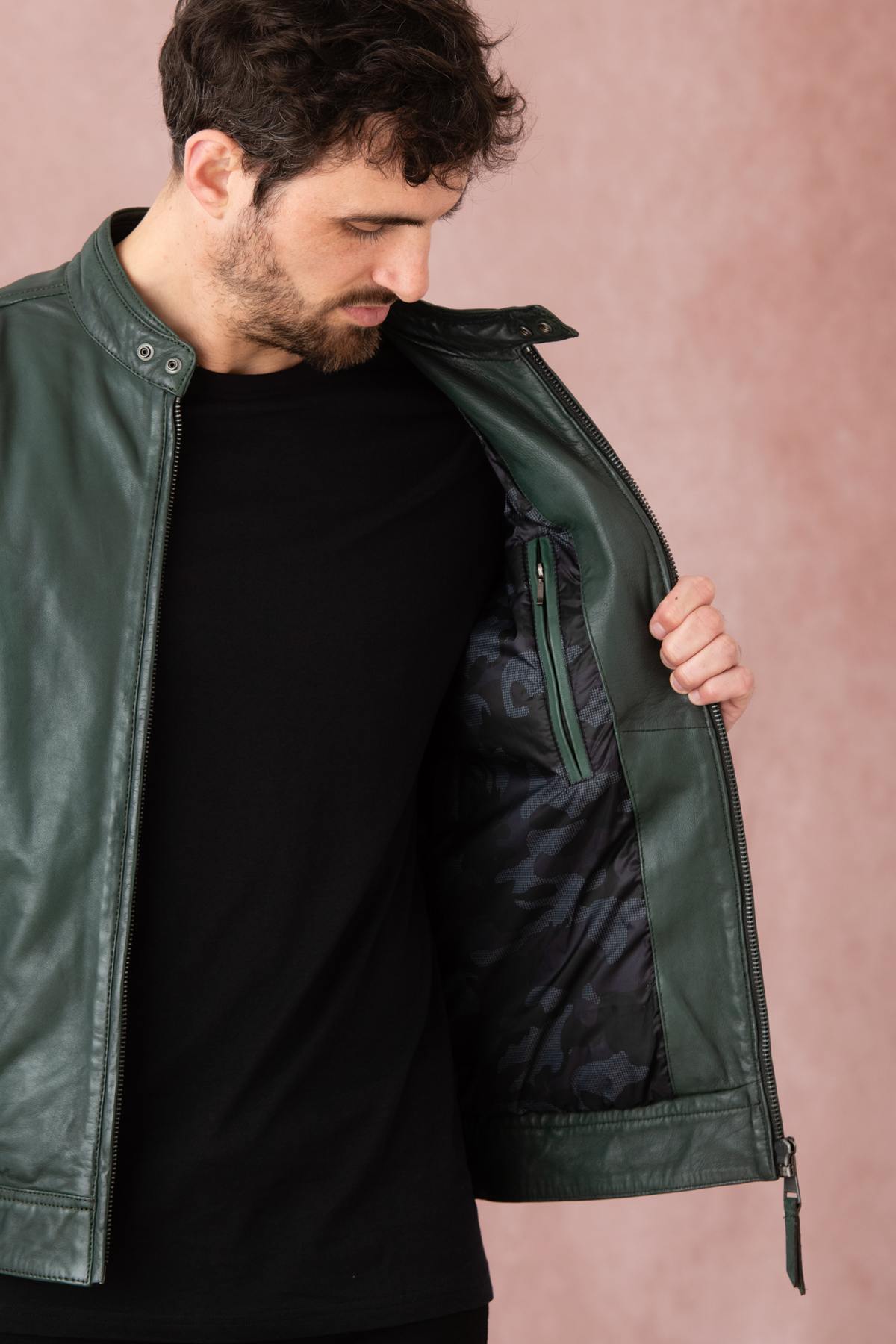 Forest green leather jacket with biker collar - Image n°8