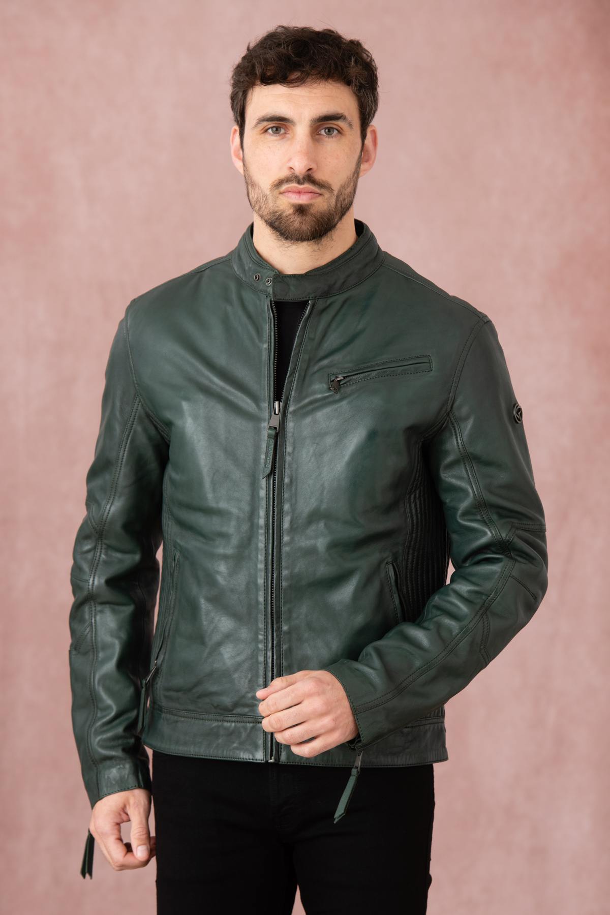 Forest green leather jacket with biker collar - Image n°5