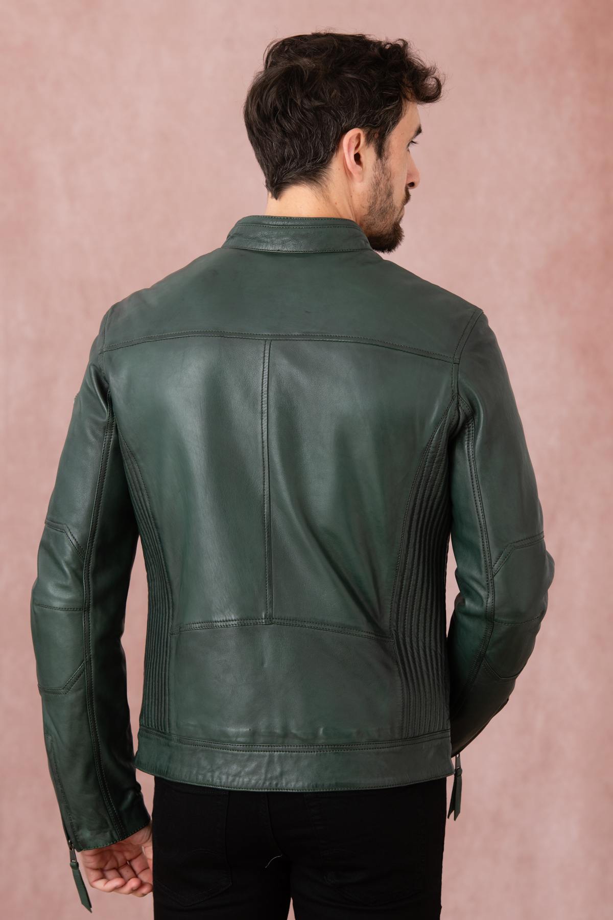 Forest green leather jacket with biker collar - Image n°6