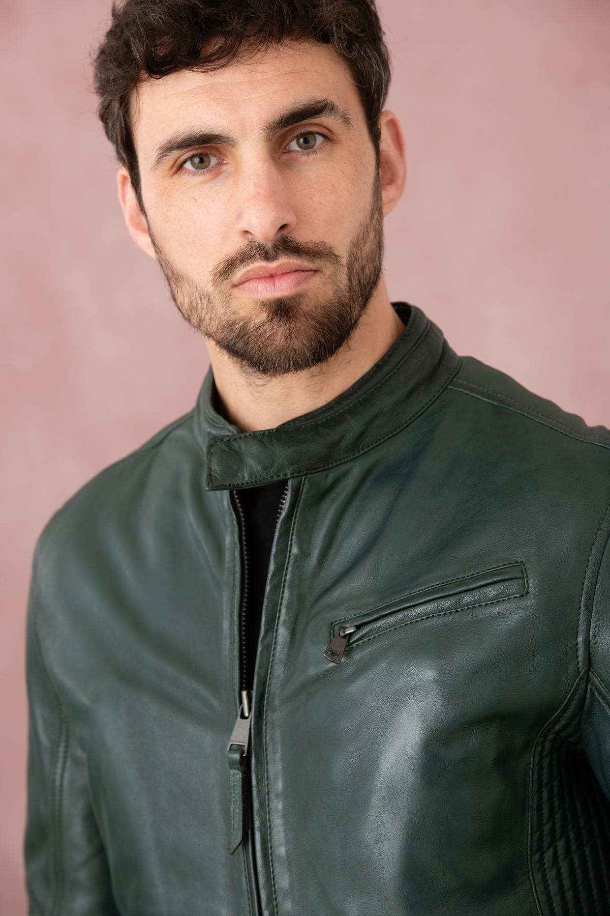 Forest green leather jacket with biker collar - Image n°2