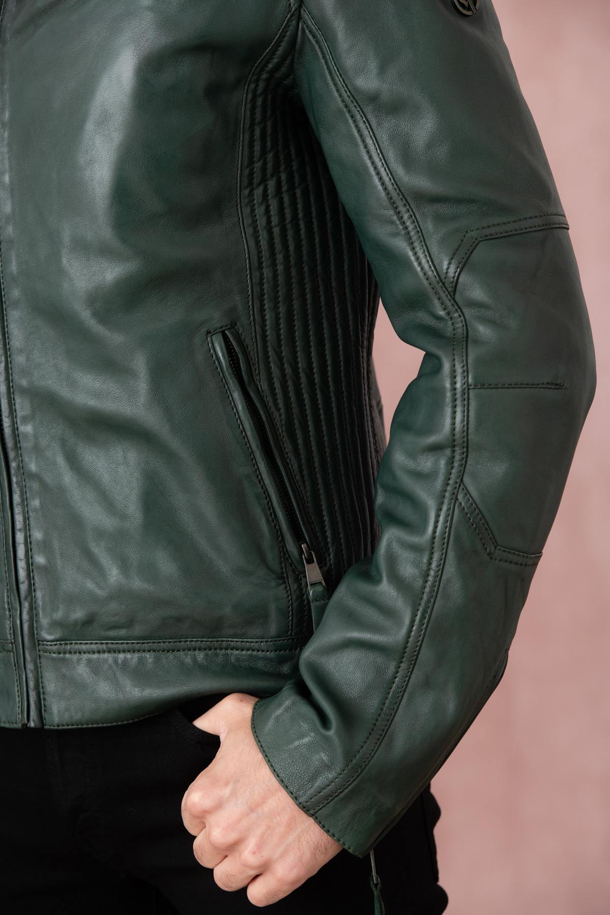 Forest green leather jacket with biker collar - Image n°7