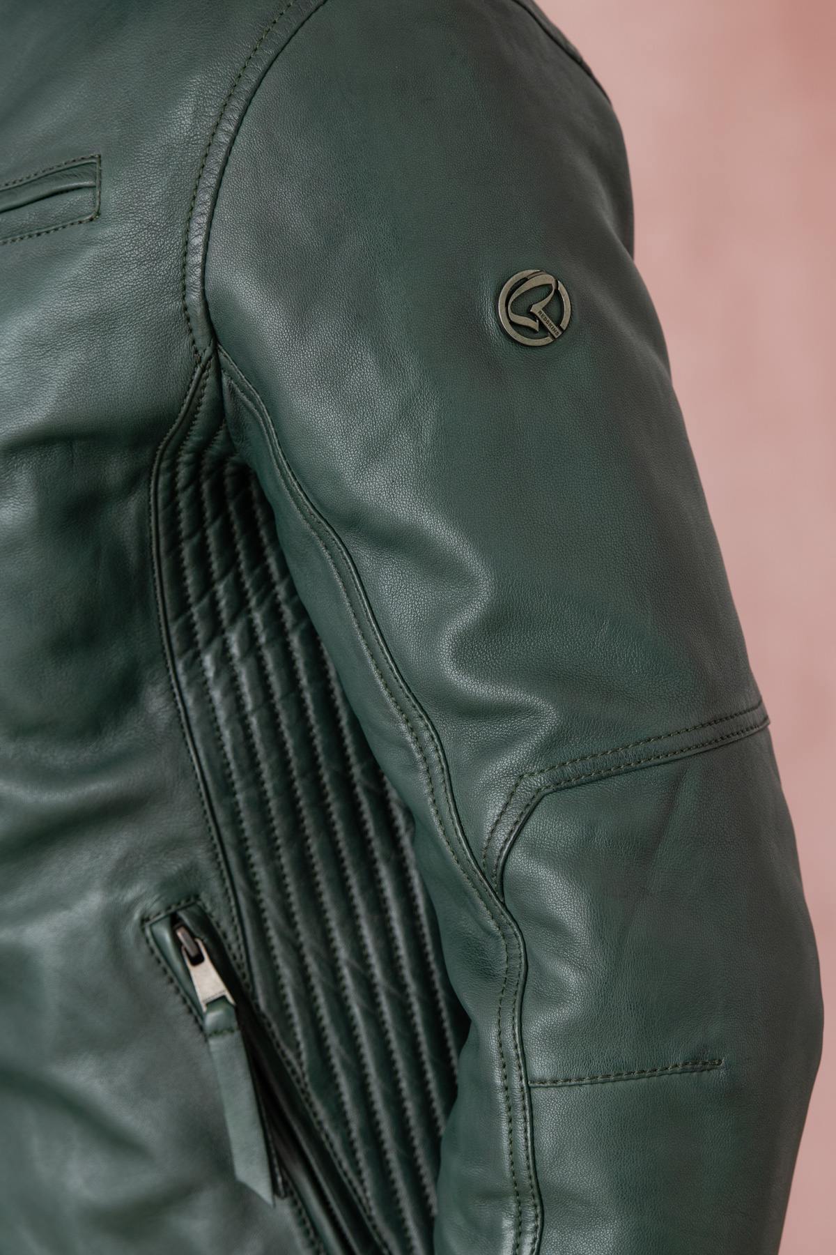 Forest green leather jacket with biker collar - Image n°3