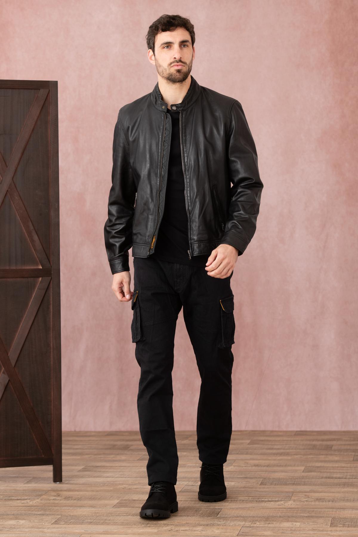 Black leather jacket with biker collar - Image n°2