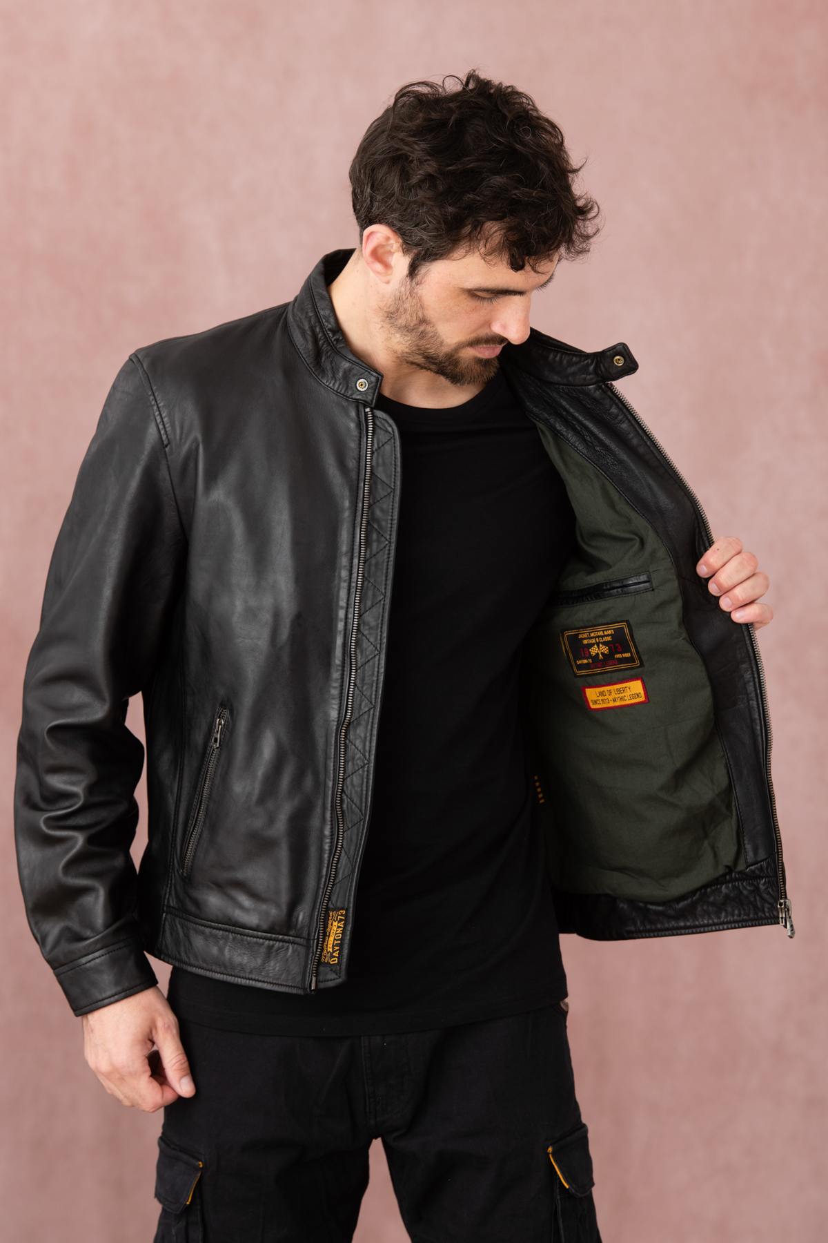 Black leather jacket with biker collar - Image n°6