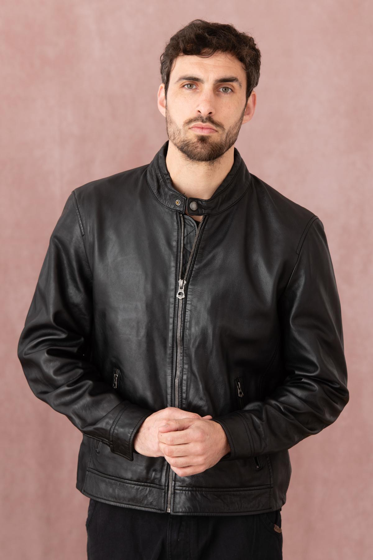 Black leather jacket with biker collar - Image n°3