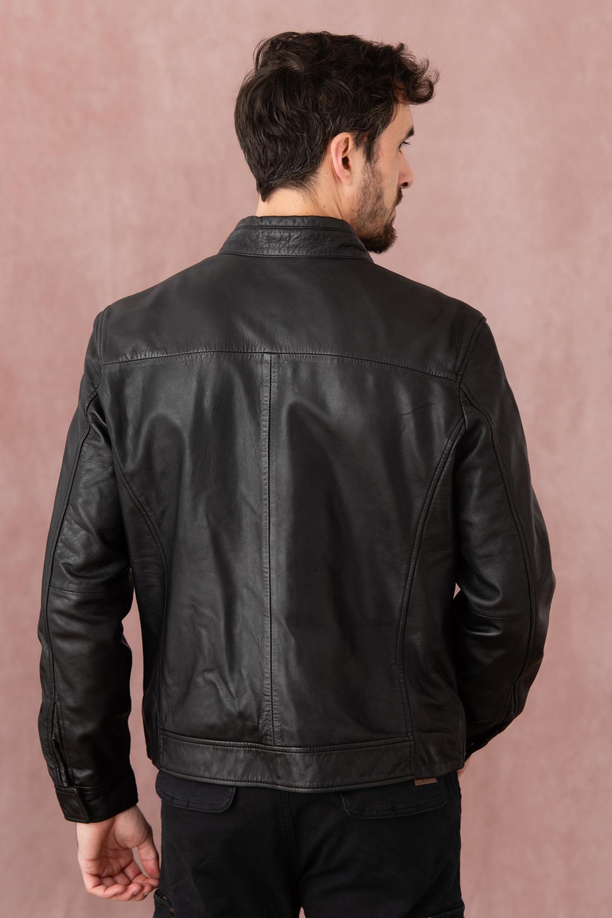 Black leather jacket with biker collar - Image n°4