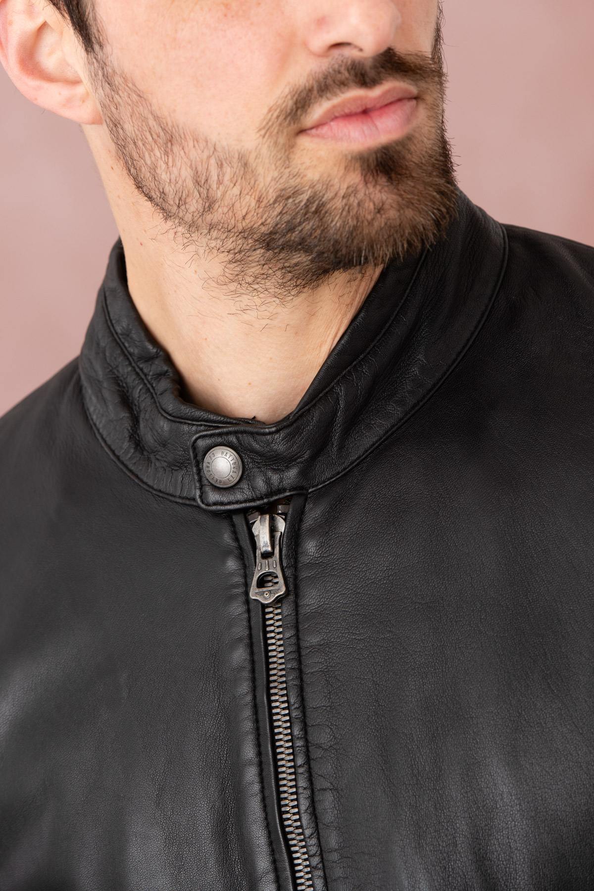 Black leather jacket with biker collar - Image n°5