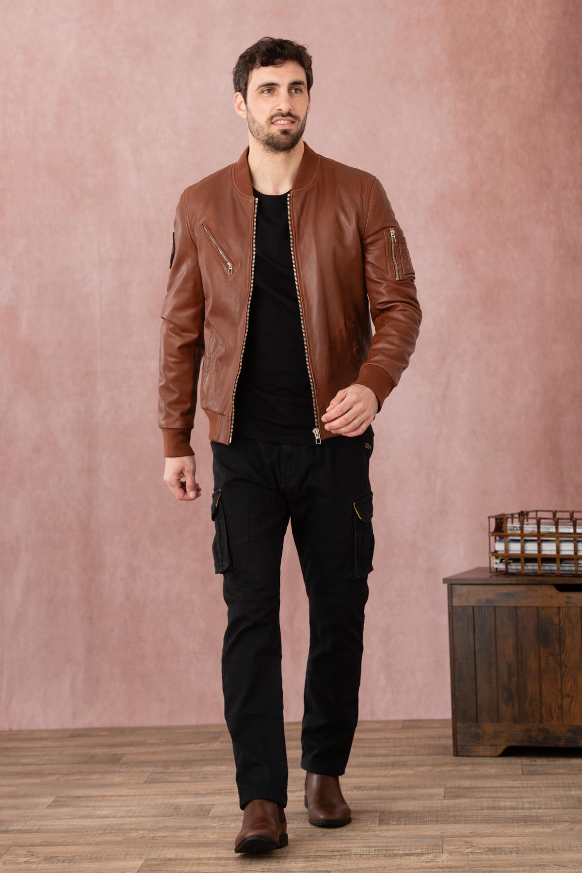 Patrouille de France cognac leather bomber jacket - Image n°5