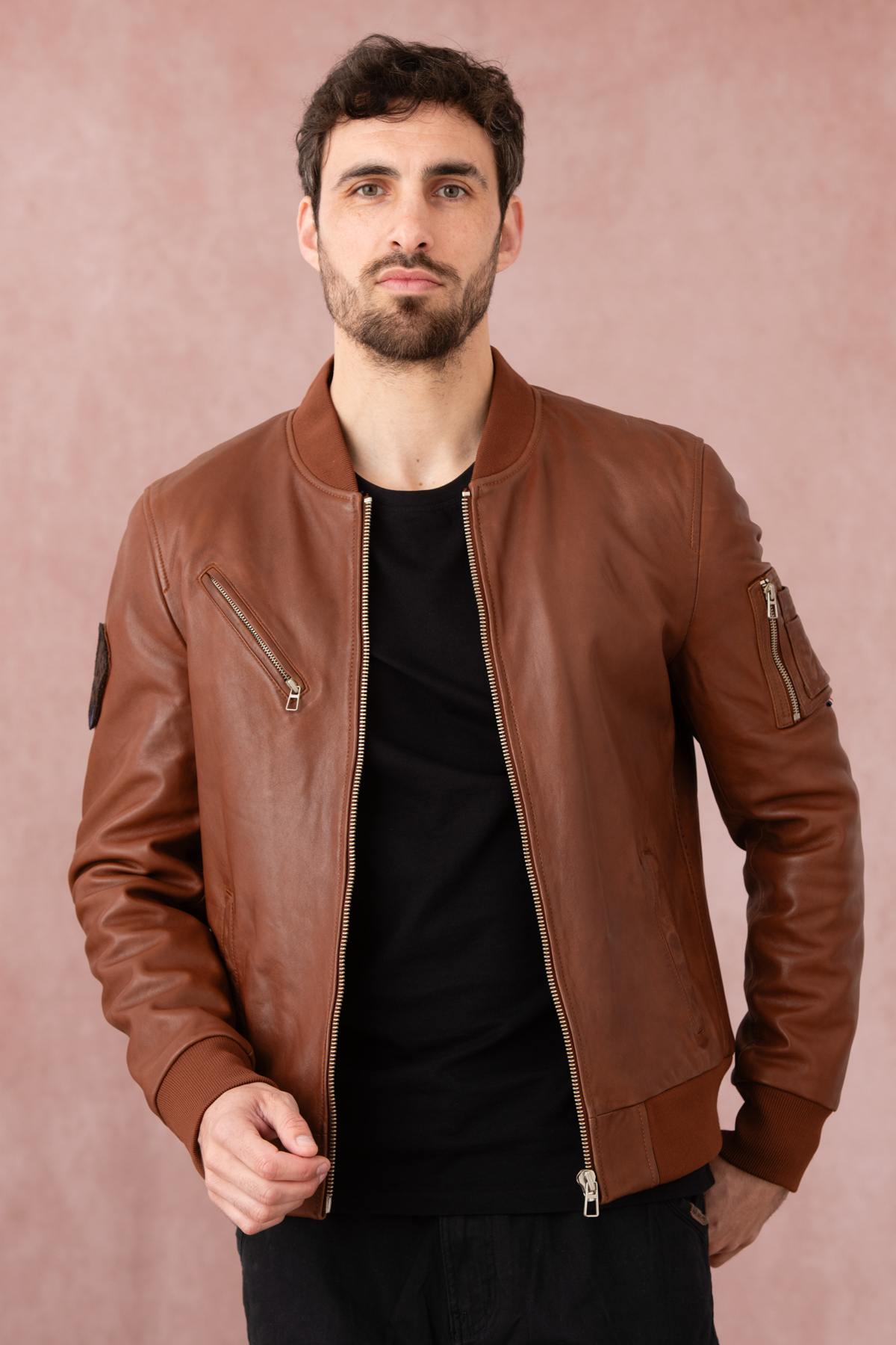 Patrouille de France cognac leather bomber jacket - Image n°1