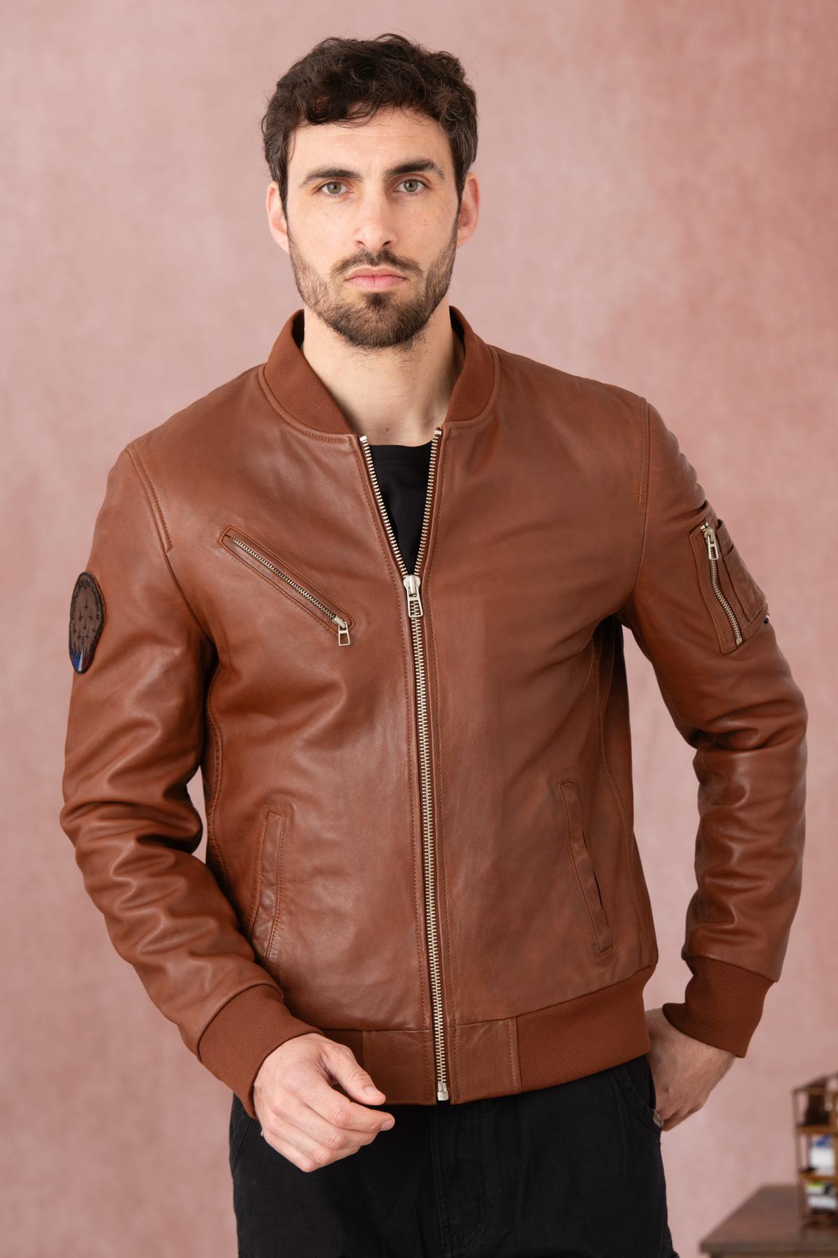 Patrouille de France cognac leather bomber jacket - Image n°3