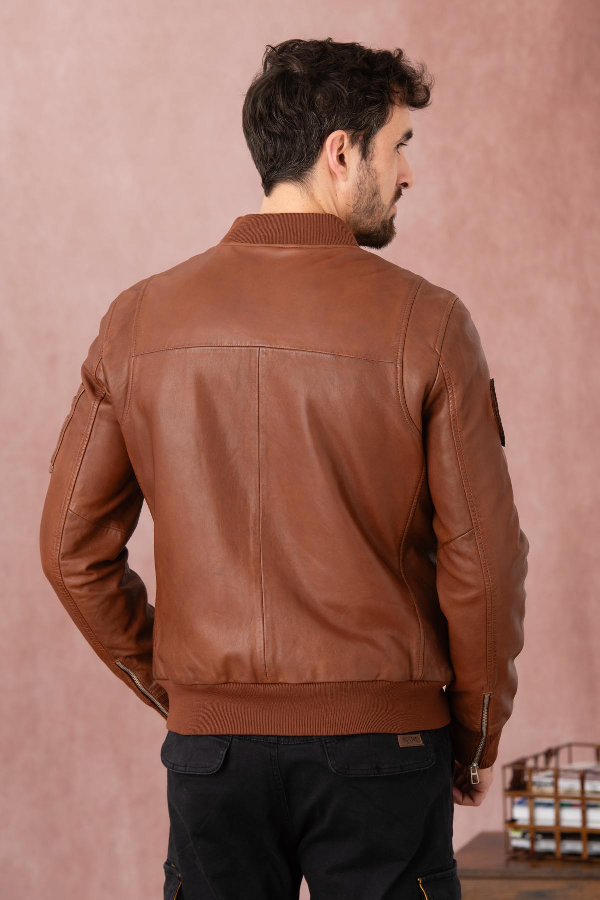 Patrouille de France cognac leather bomber jacket - Image n°4