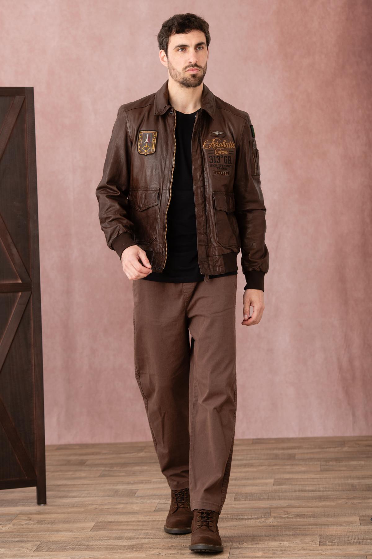 Embroidered brown leather bomber jacket - Image n°8