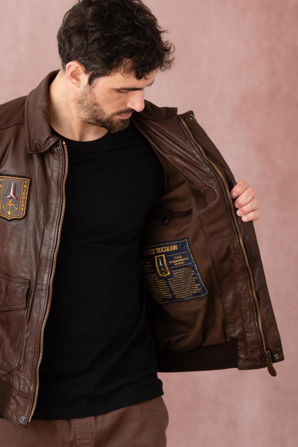 Embroidered brown leather bomber jacket - Image n°7