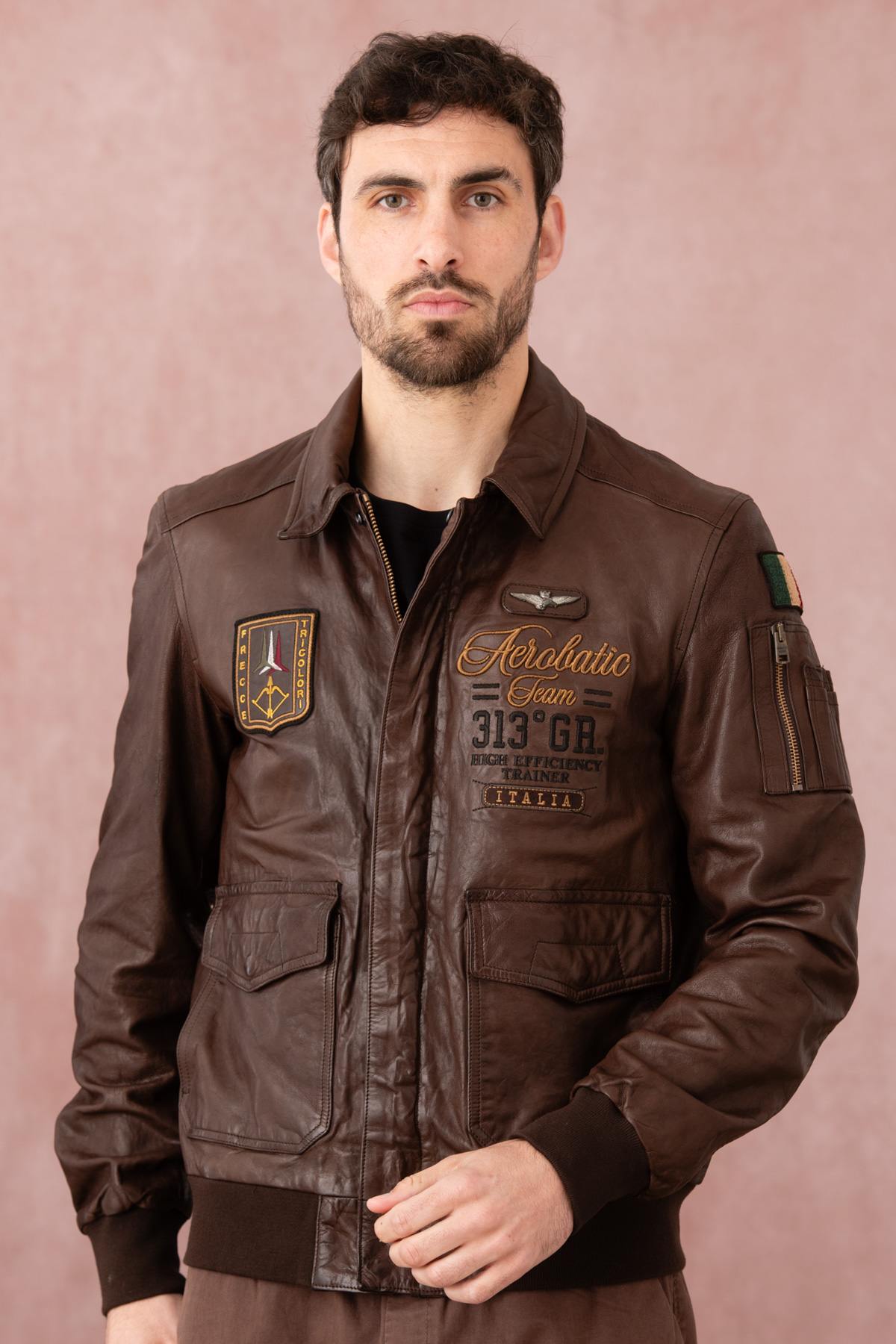 Embroidered brown leather bomber jacket - Image n°4