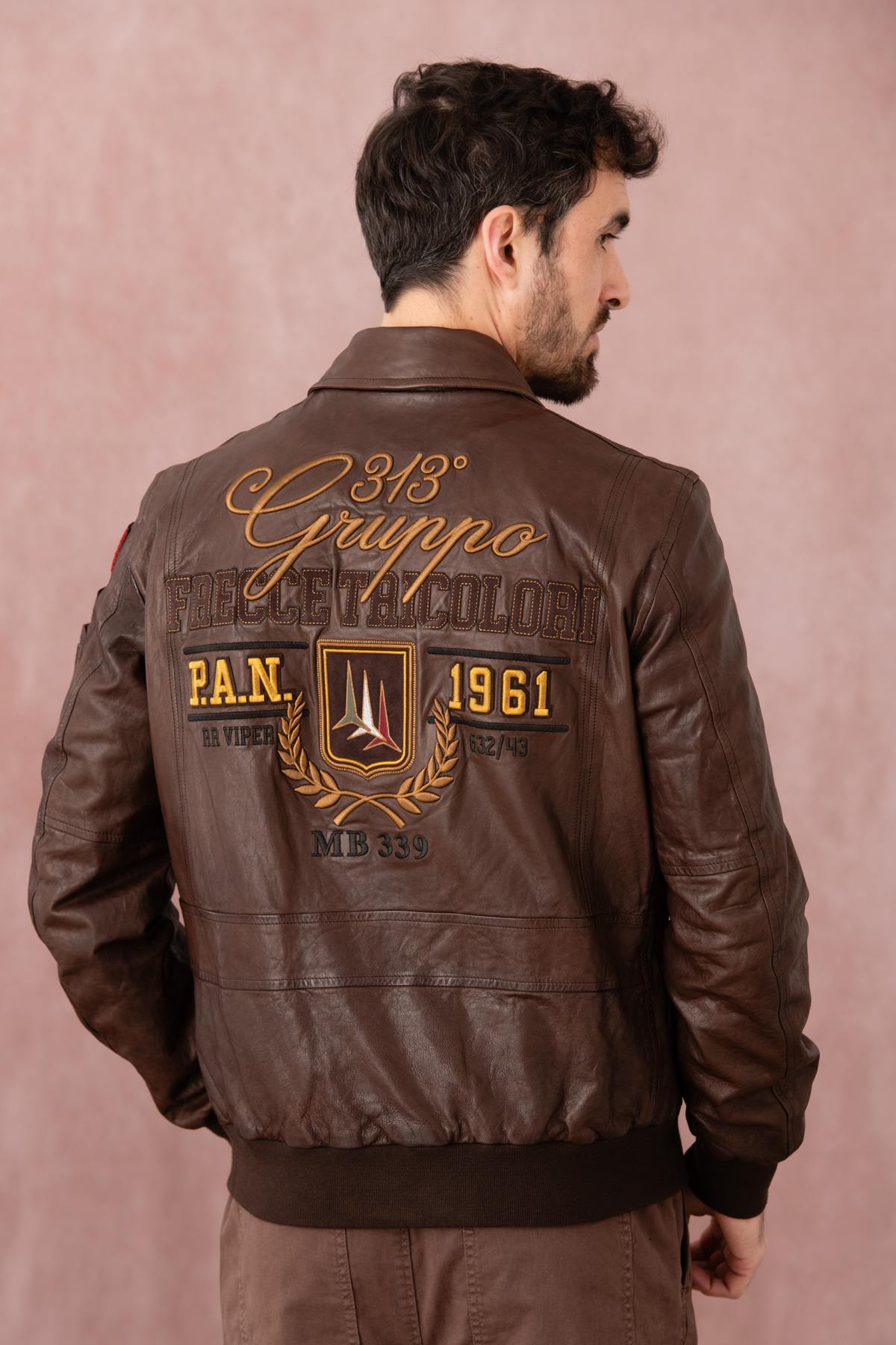 Embroidered brown leather bomber jacket - Image n°2