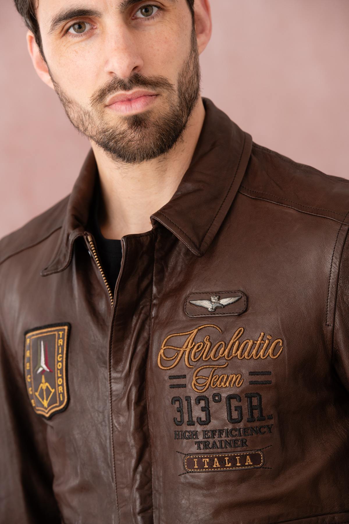 Embroidered brown leather bomber jacket - Image n°6