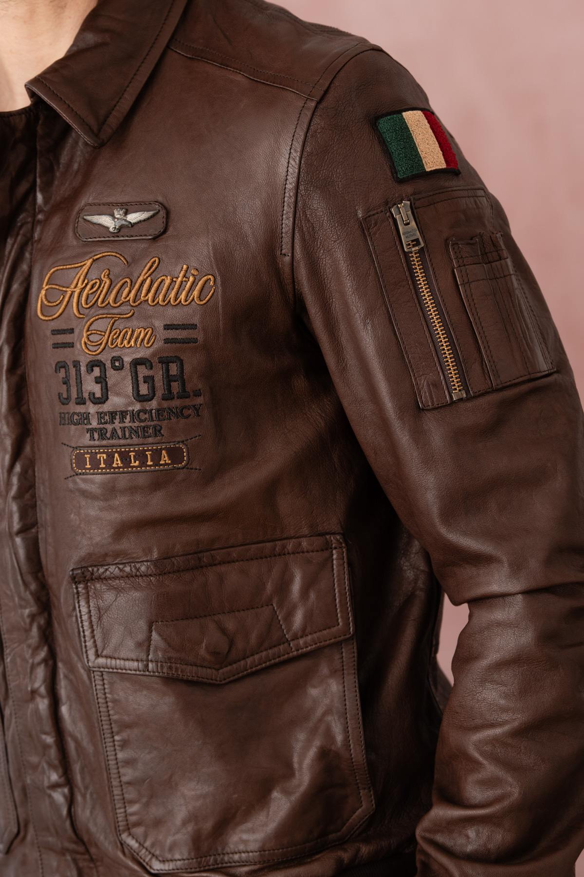 Embroidered brown leather bomber jacket - Image n°5