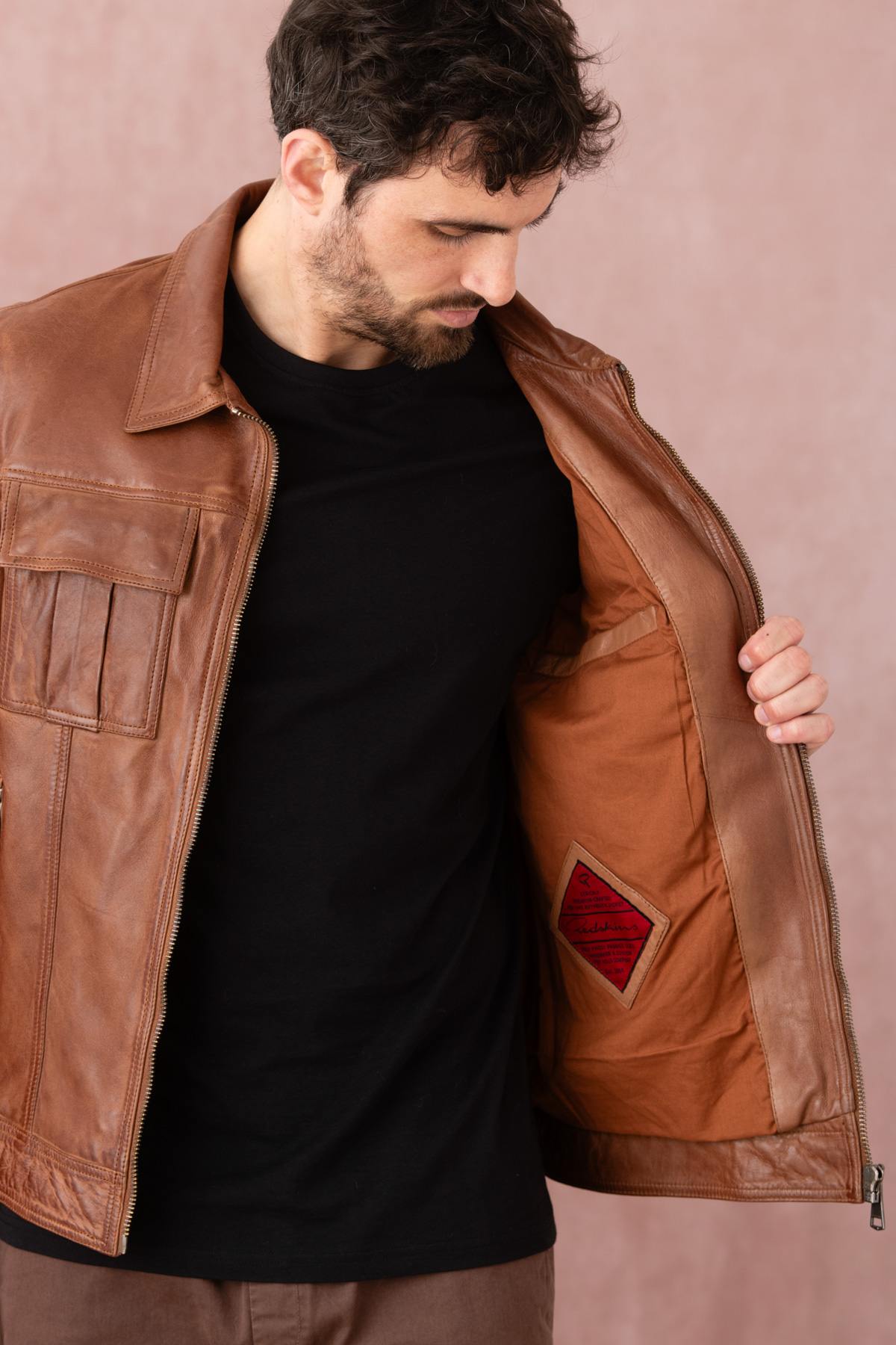 Leather jacket with shirt collar and chest pockets - Image n°6