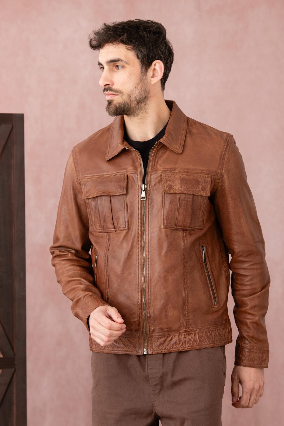 Leather jacket with shirt collar and chest pockets - Image n°4