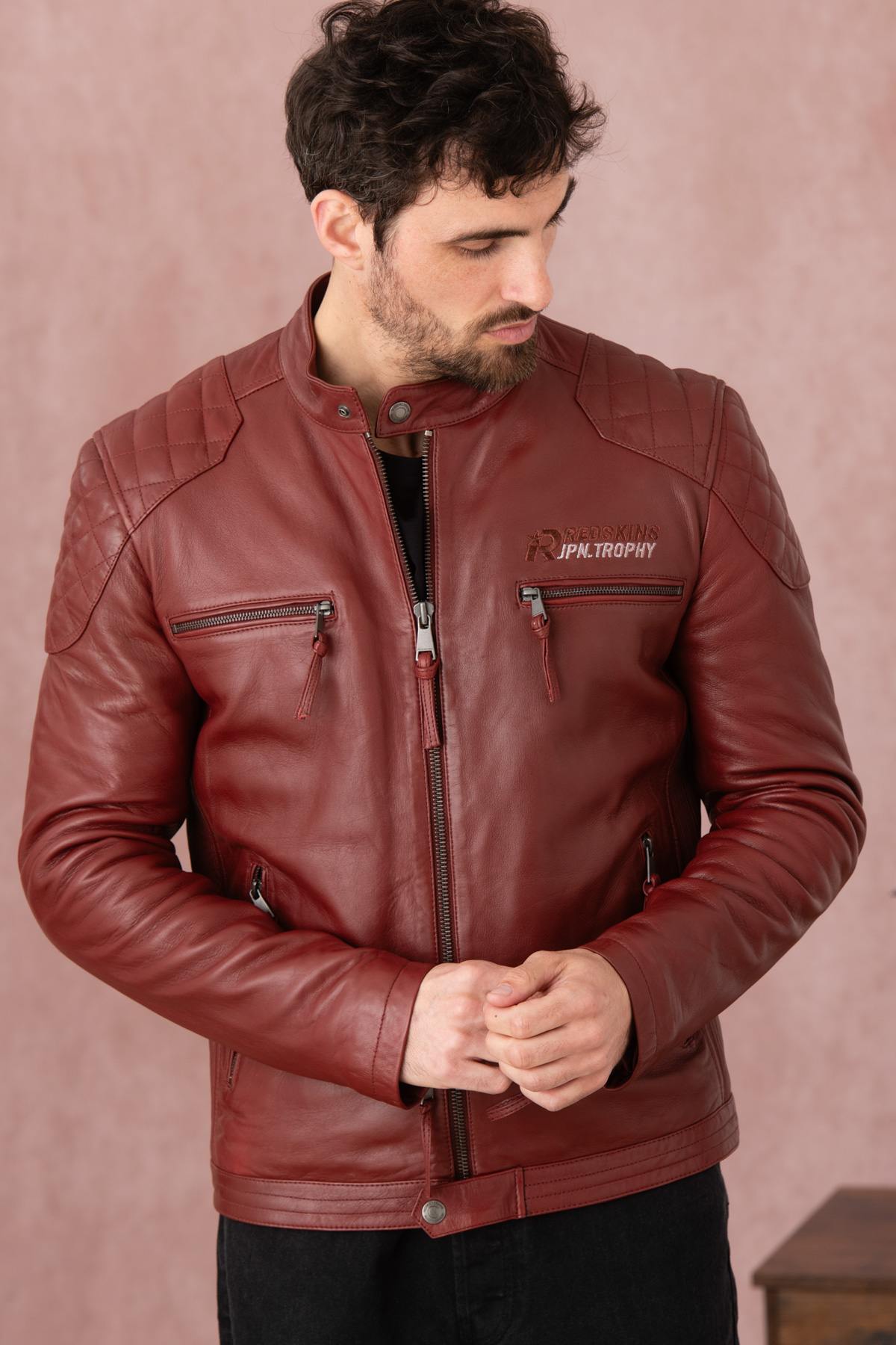 Dark red leather jacket with biker collar - Image n°4