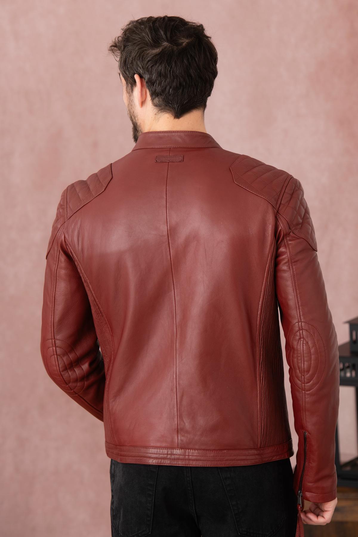 Dark red leather jacket with biker collar - Image n°2