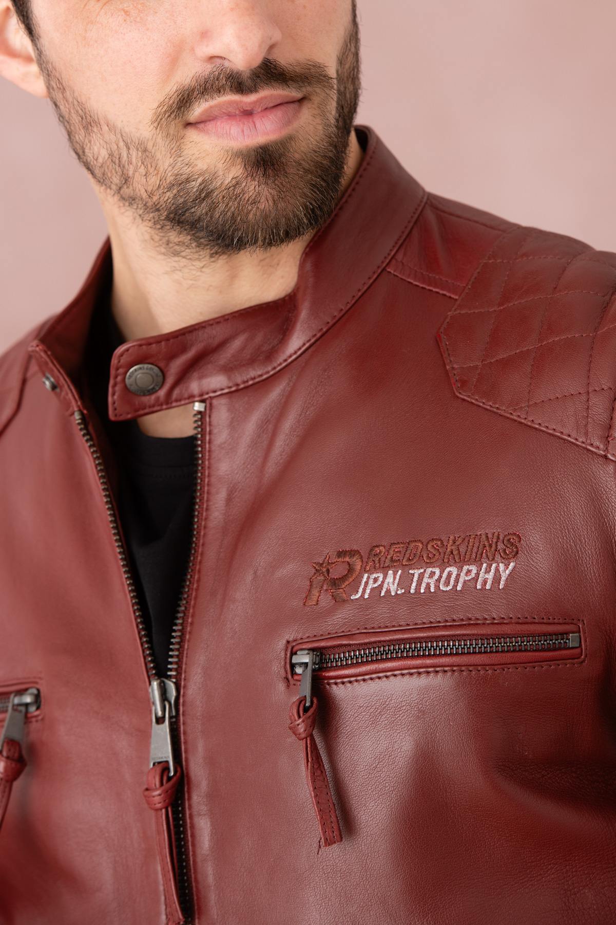 Dark red leather jacket with biker collar - Image n°5