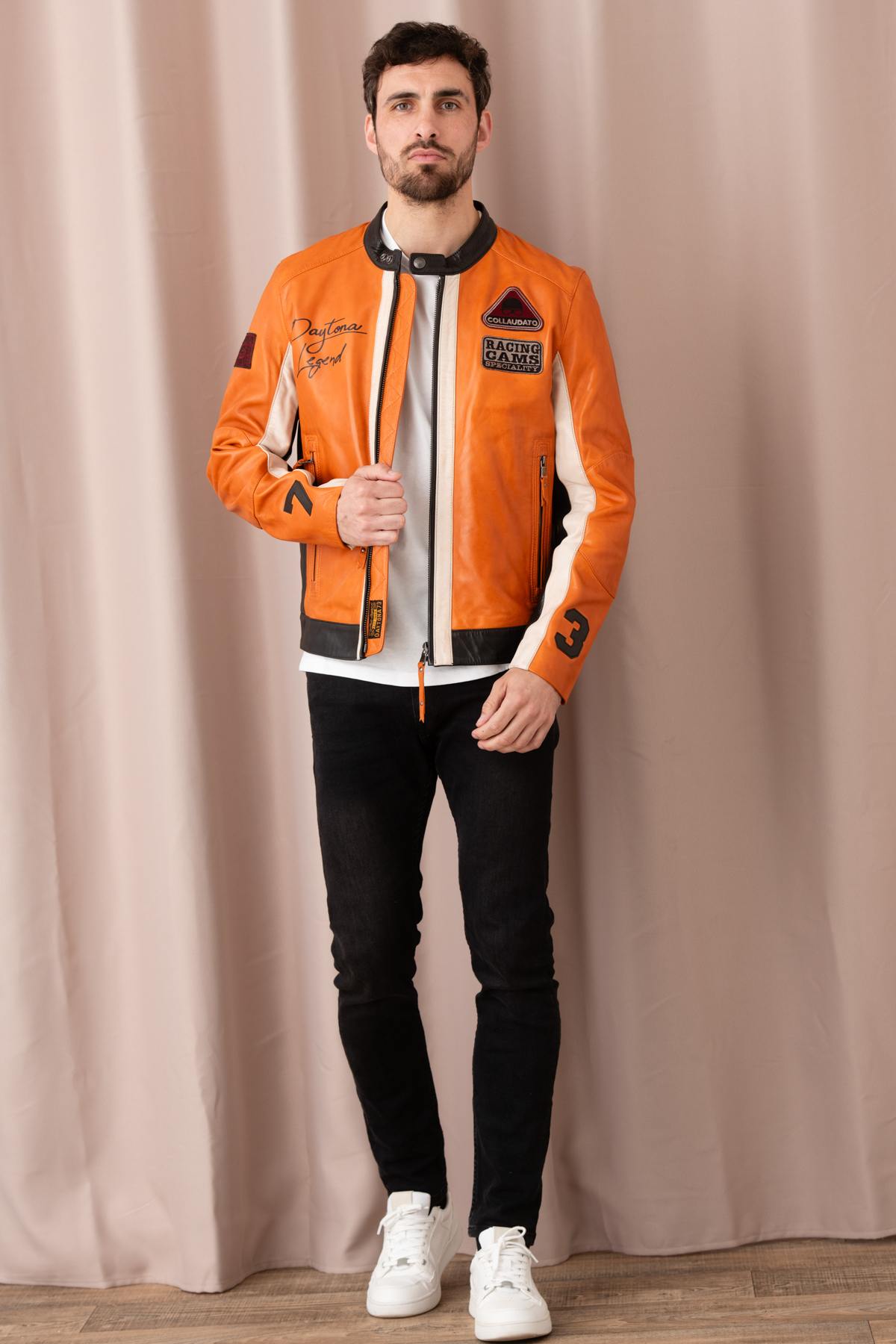 Orange racing biker collar leather jacket - Image n°7