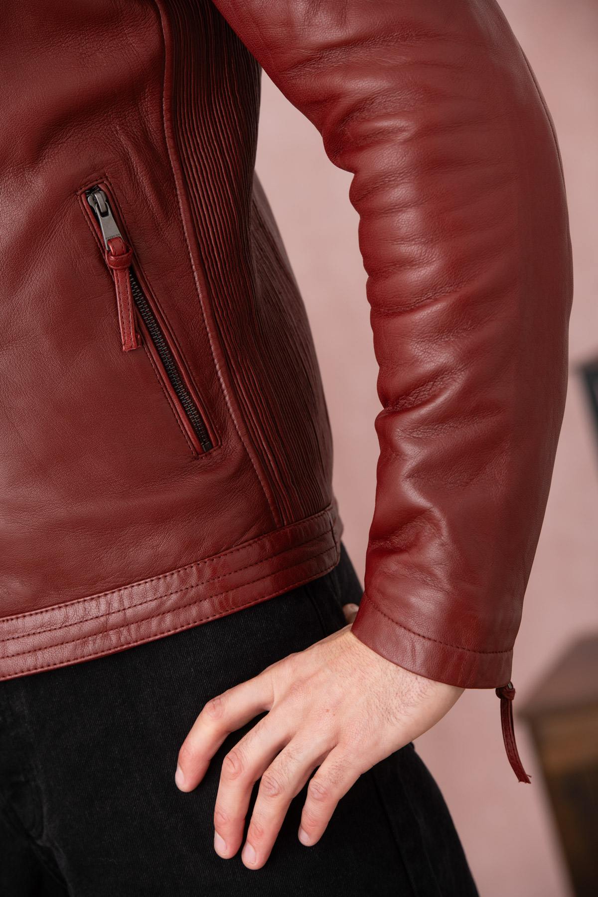 Dark red leather jacket with biker collar - Image n°6