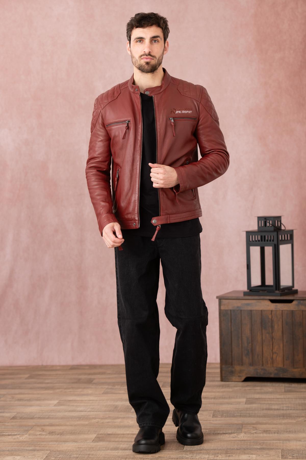 Dark red leather jacket with biker collar - Image n°8