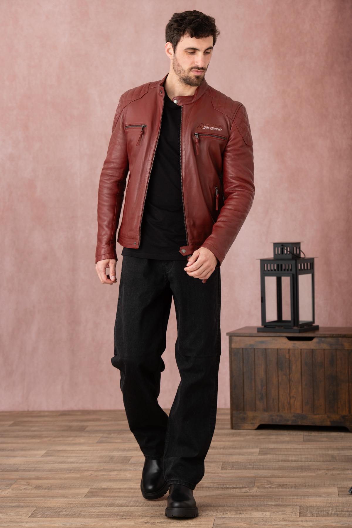 Dark red leather jacket with biker collar - Image n°3