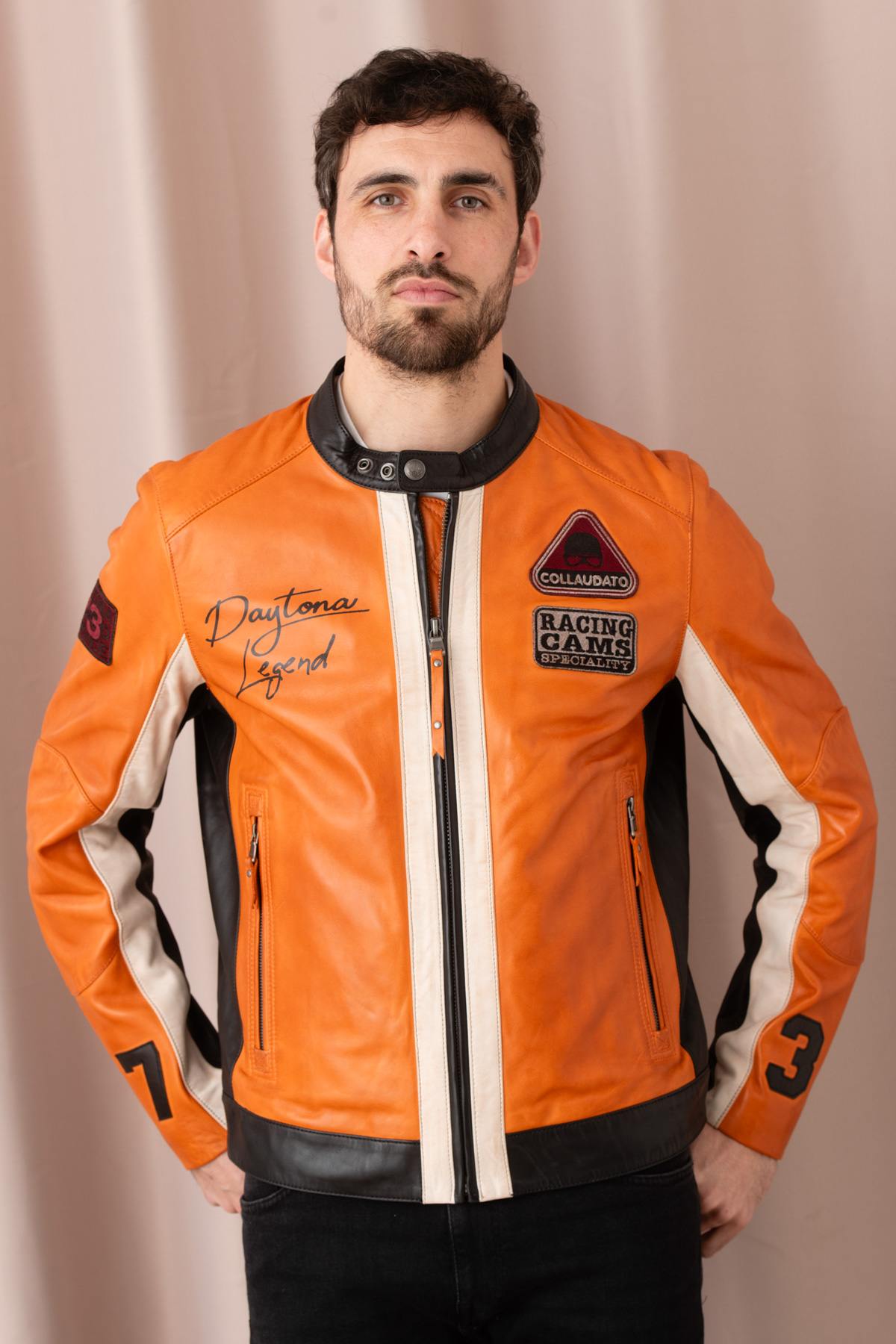 Orange racing biker collar leather jacket - Image n°1