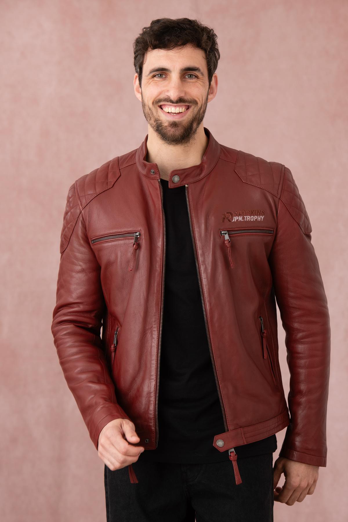 Dark red leather jacket with biker collar - Image n°1