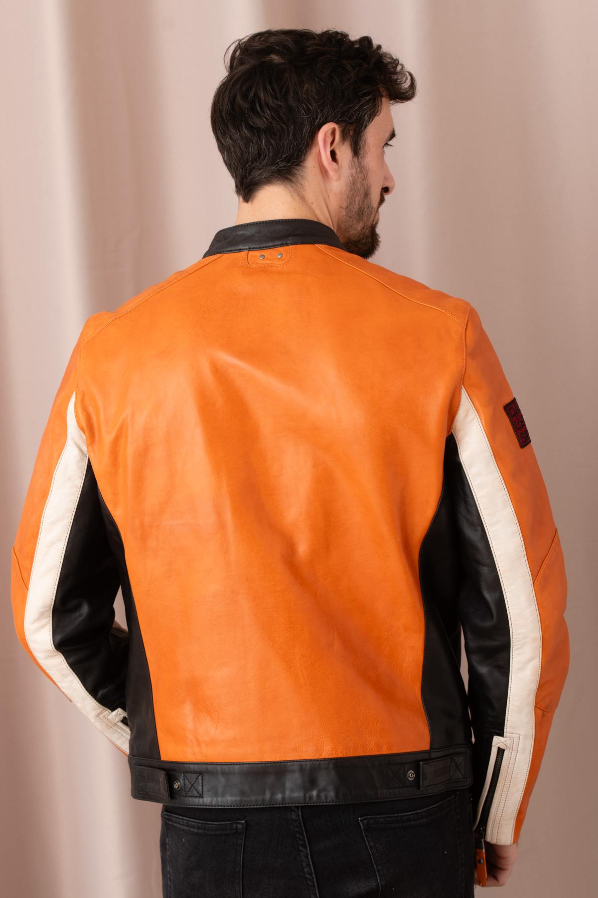 Orange racing biker collar leather jacket - Image n°5