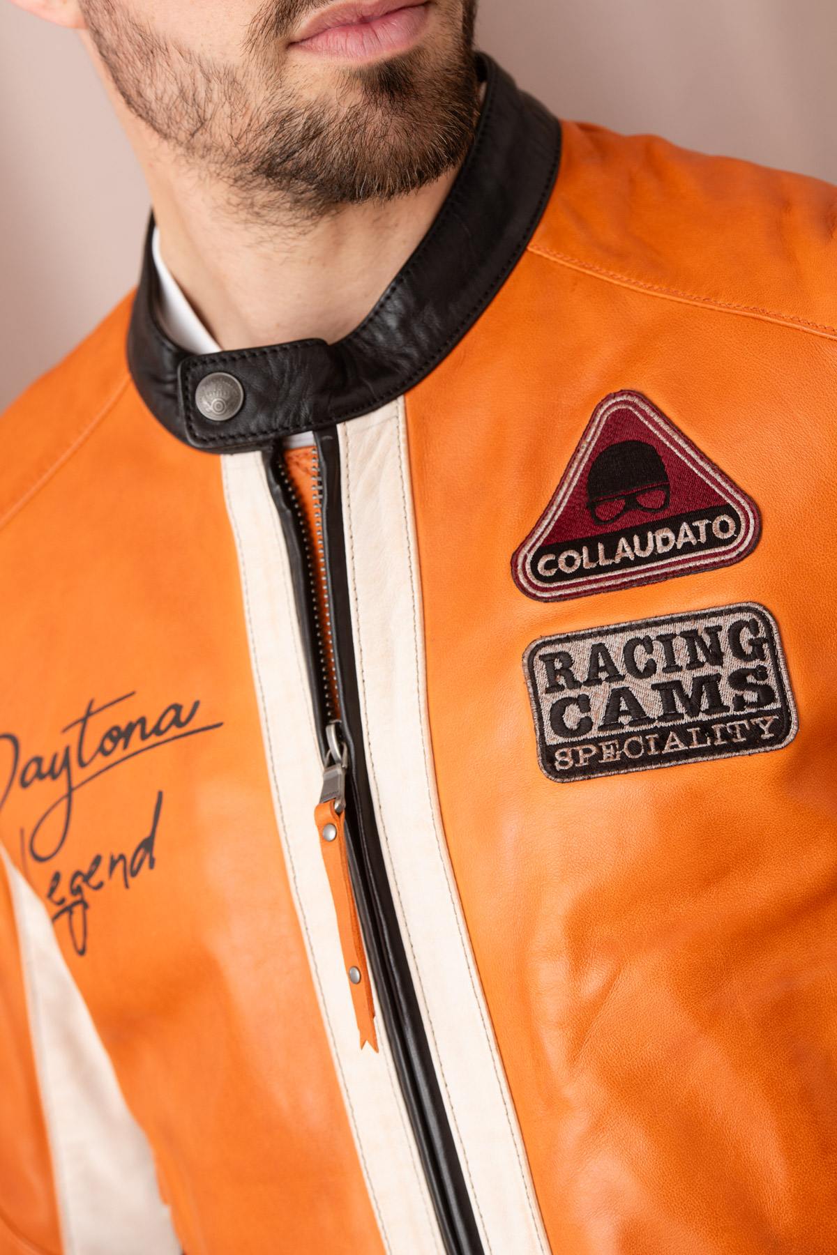 Orange racing biker collar leather jacket - Image n°4