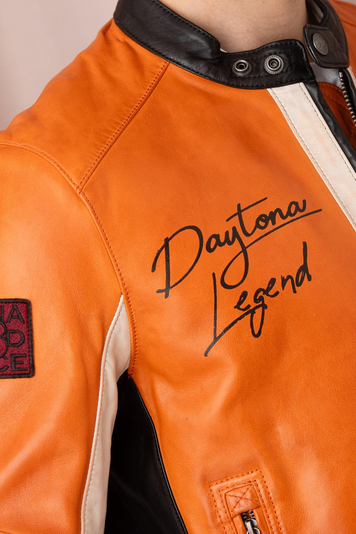 Orange racing biker collar leather jacket - Image n°2