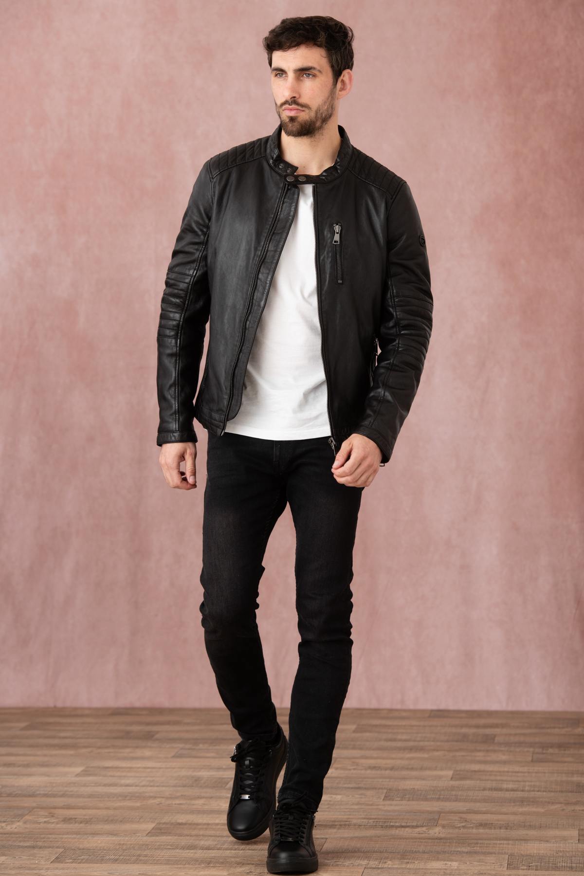 Black leather jacket with biker collar - Image n°2