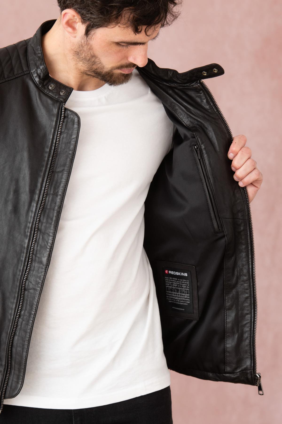 Black leather jacket with biker collar - Image n°6