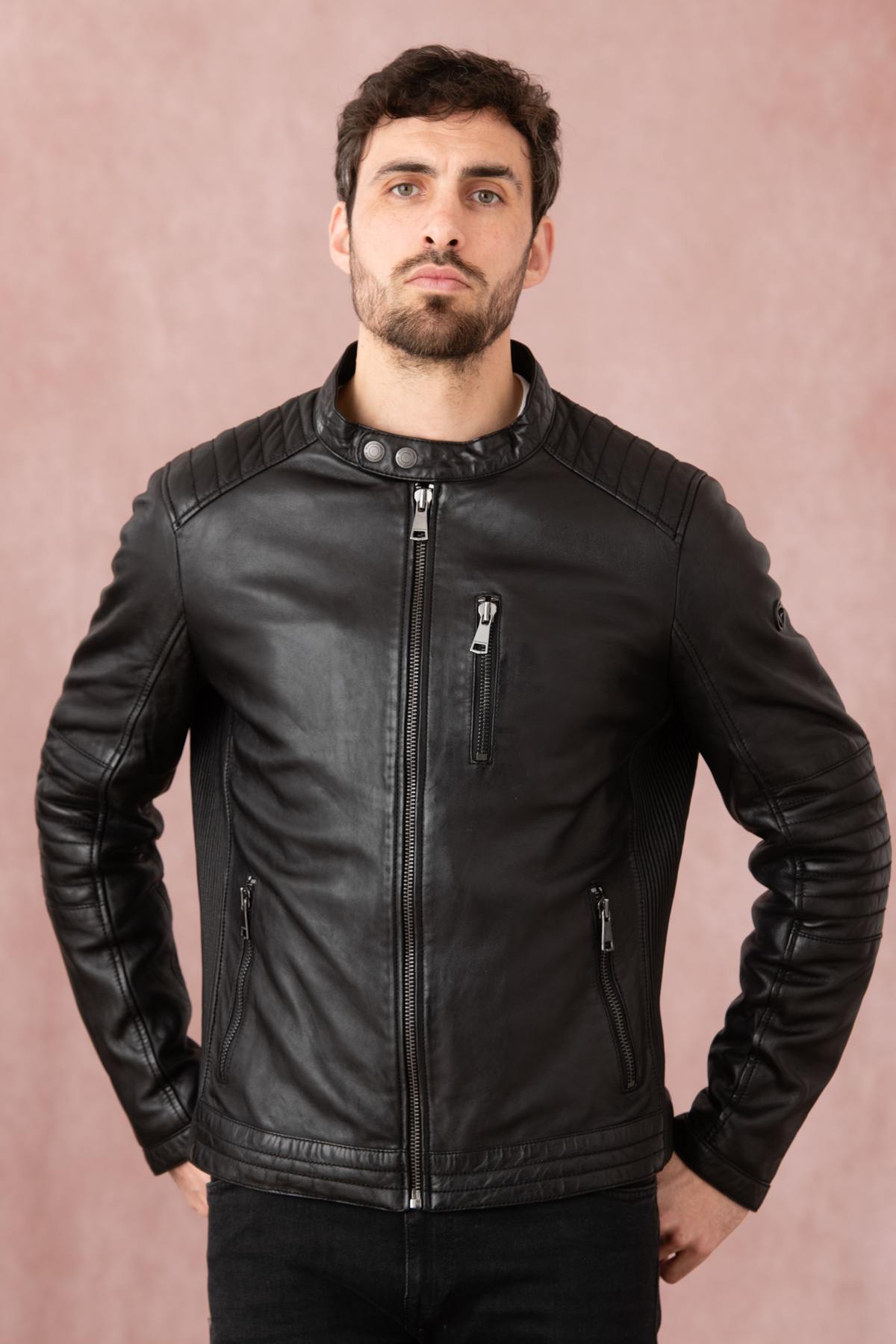 Black leather jacket with biker collar - Image n°3