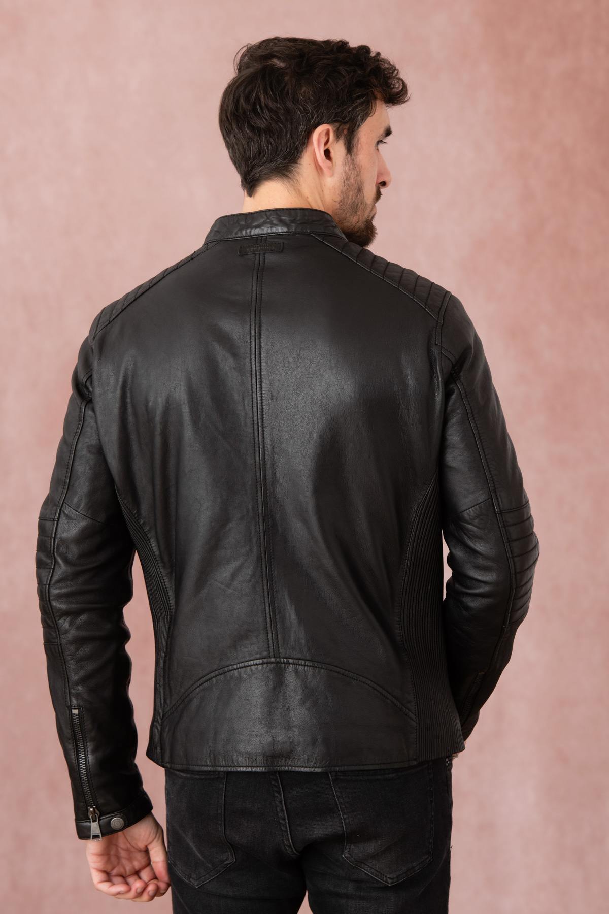 Black leather jacket with biker collar - Image n°4