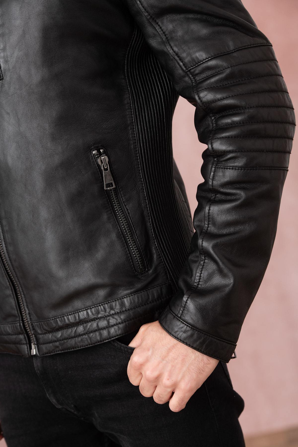 Black leather jacket with biker collar - Image n°5