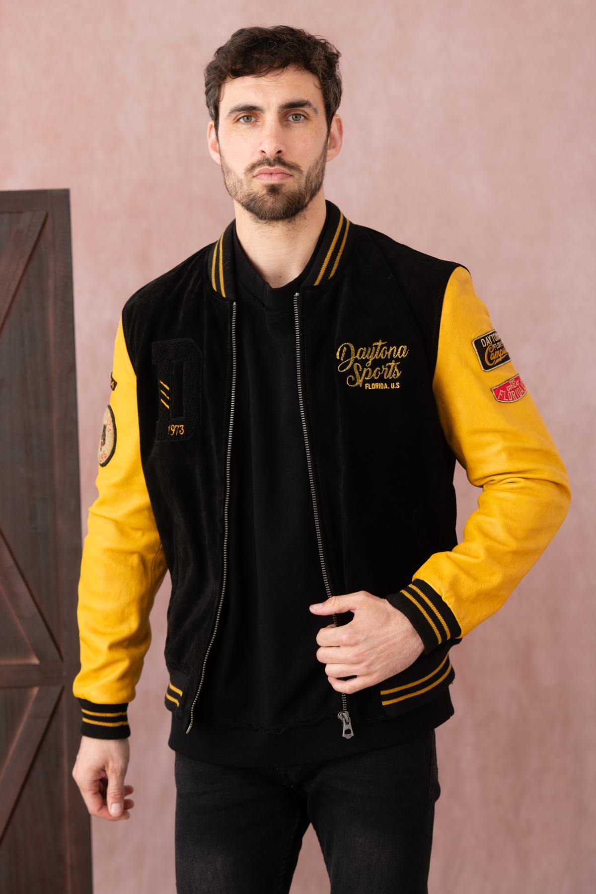 Black and yellow leather teddy with patches and embroidery - Image n°5