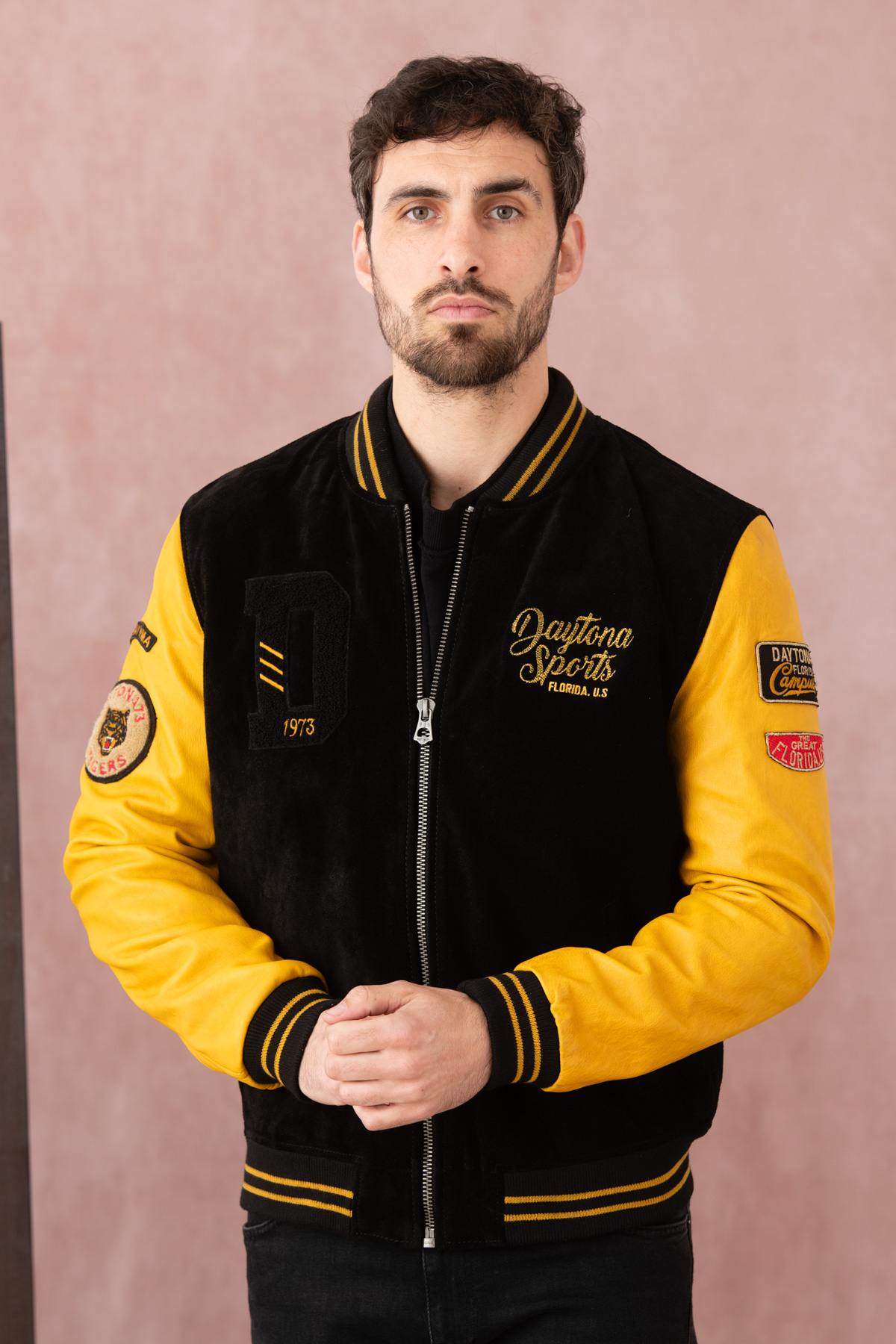 Black and yellow leather teddy with patches and embroidery - Image n°1