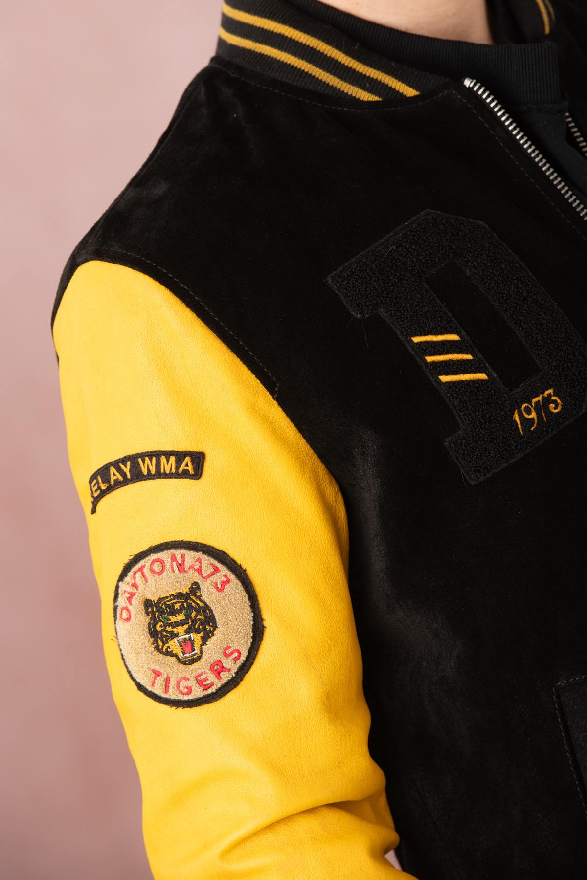 Black and yellow leather teddy with patches and embroidery - Image n°3