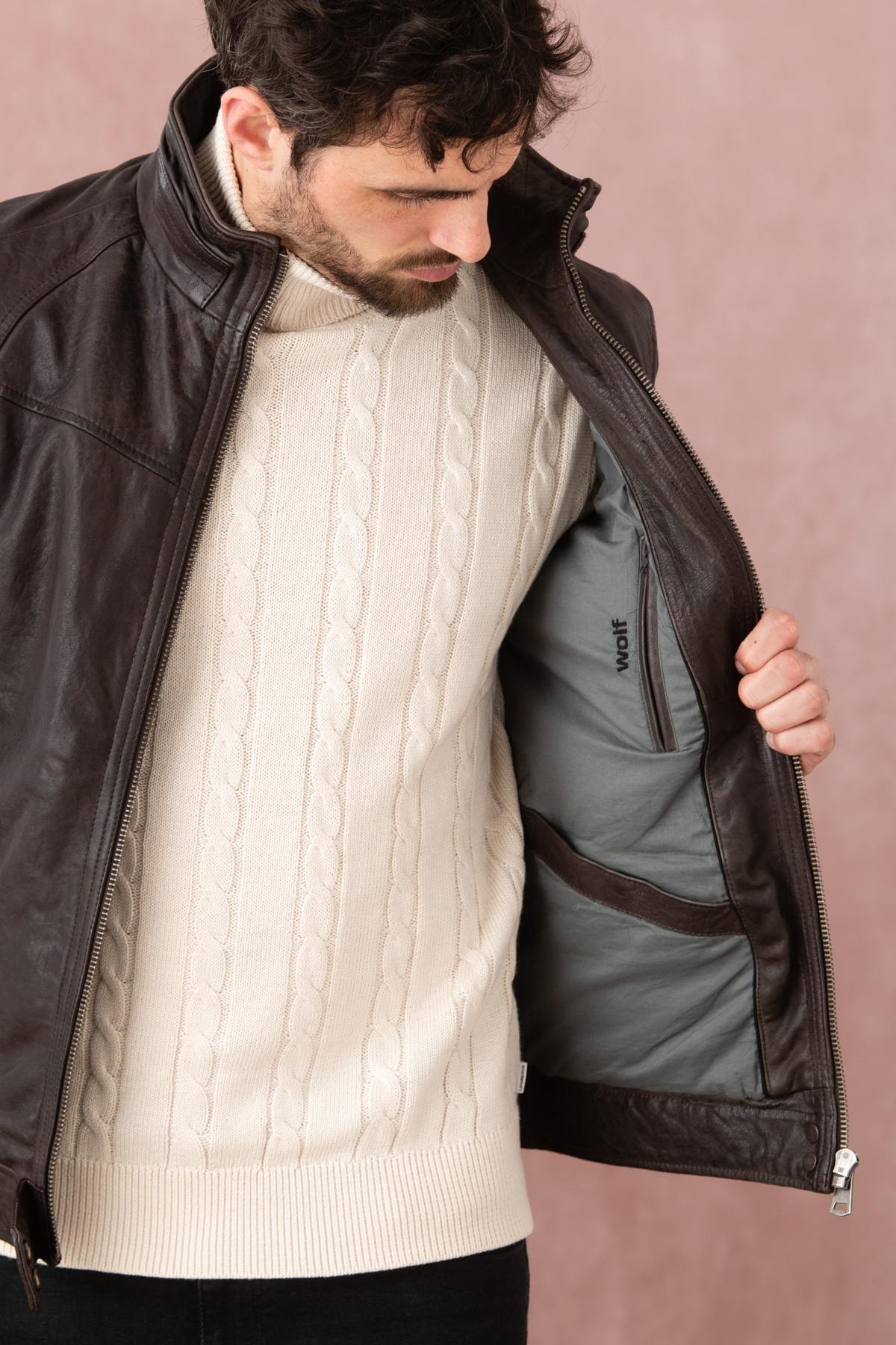 Vegetable-tanned high-neck leather jacket - Image n°9