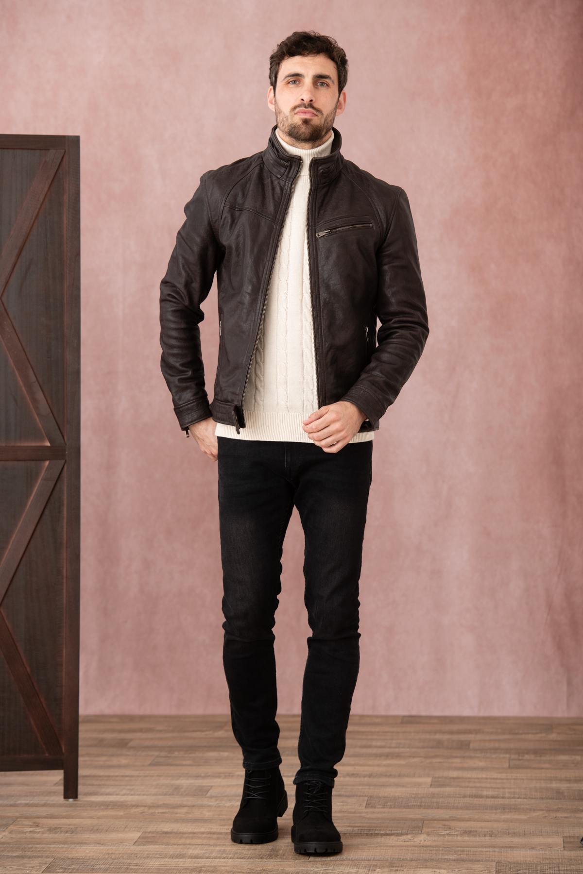 Vegetable-tanned high-neck leather jacket - Image n°8