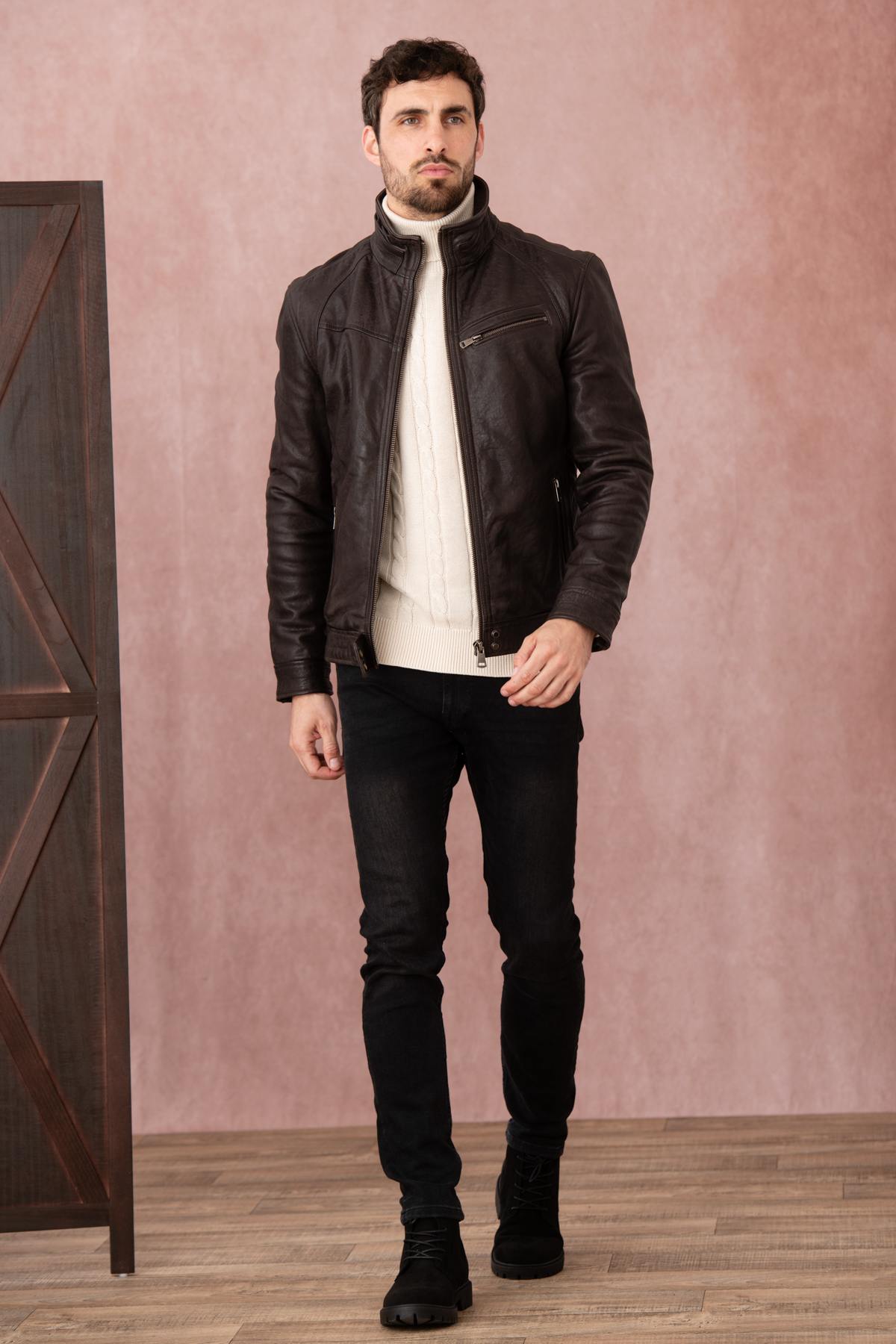 Vegetable-tanned high-neck leather jacket - Image n°3