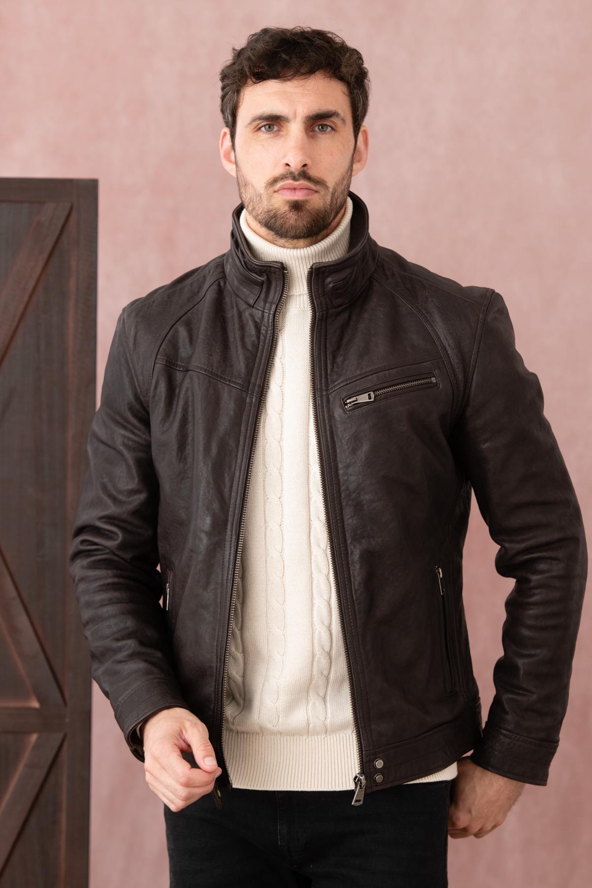 Vegetable-tanned high-neck leather jacket - Image n°2