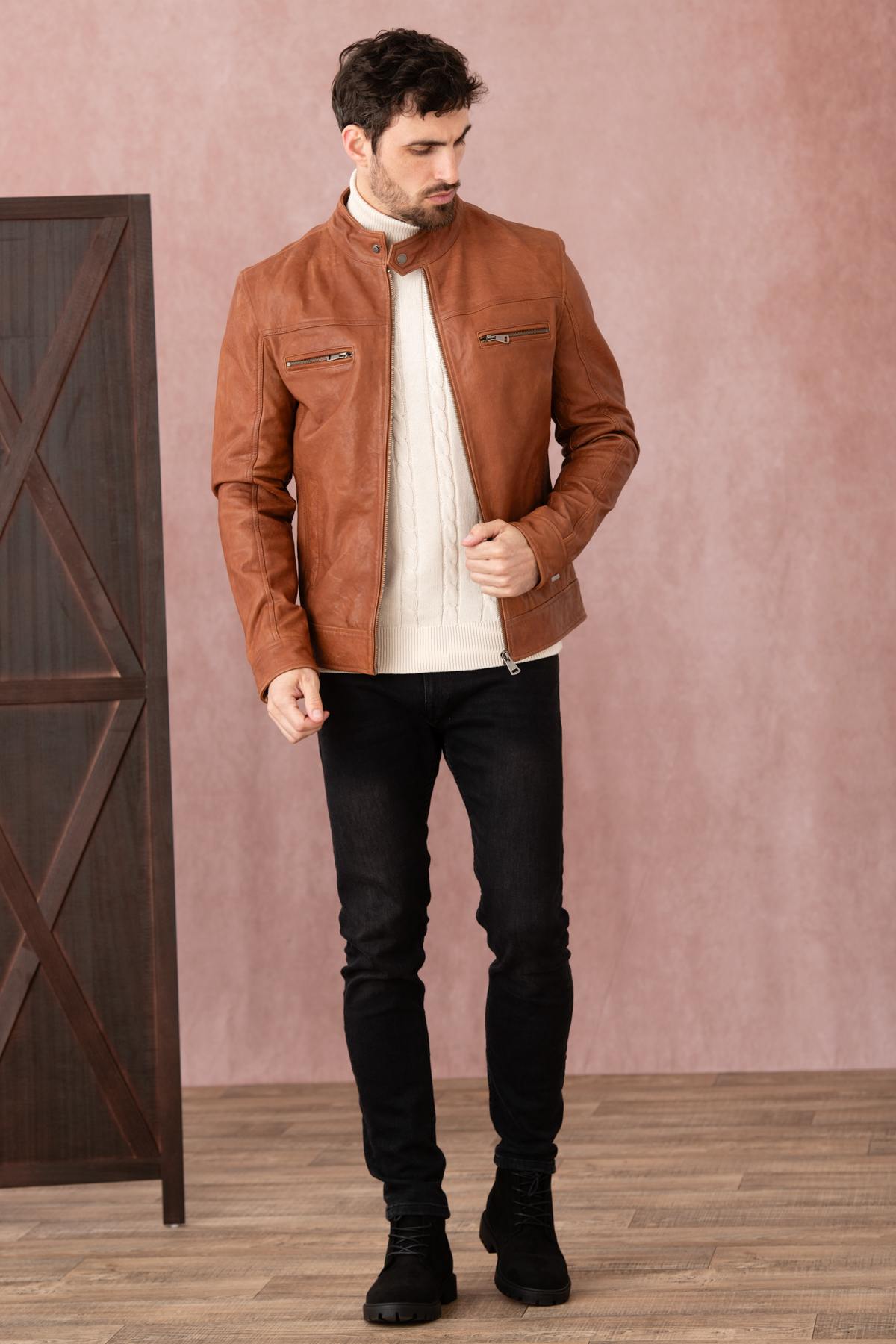 Vegetable-tanned leather jacket with biker collar - Image n°2