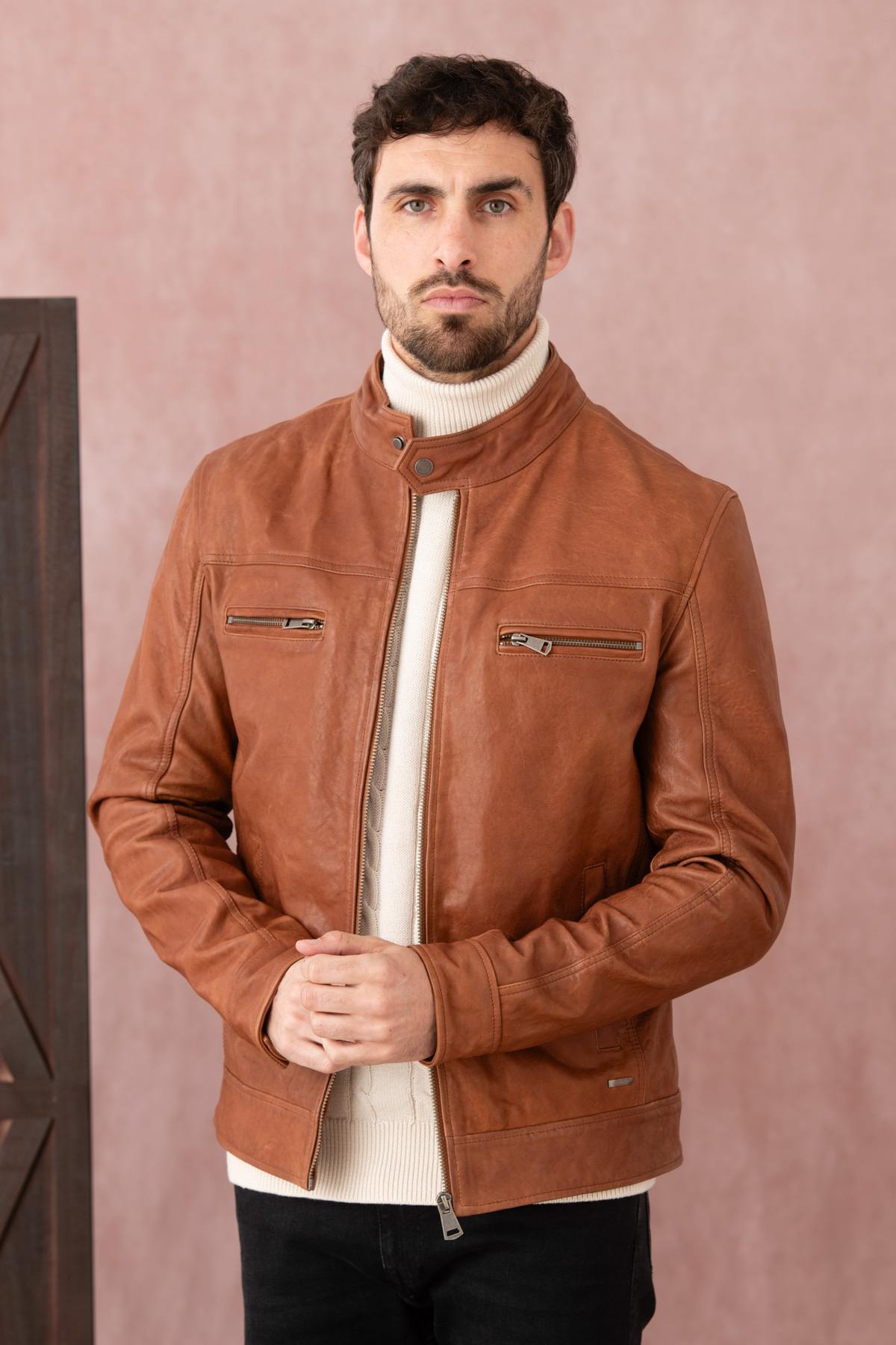 Vegetable-tanned leather jacket with biker collar - Image n°3